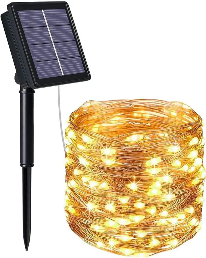 Striscia LED luce calda in filo di rame 10m 100 LED con pannello solare