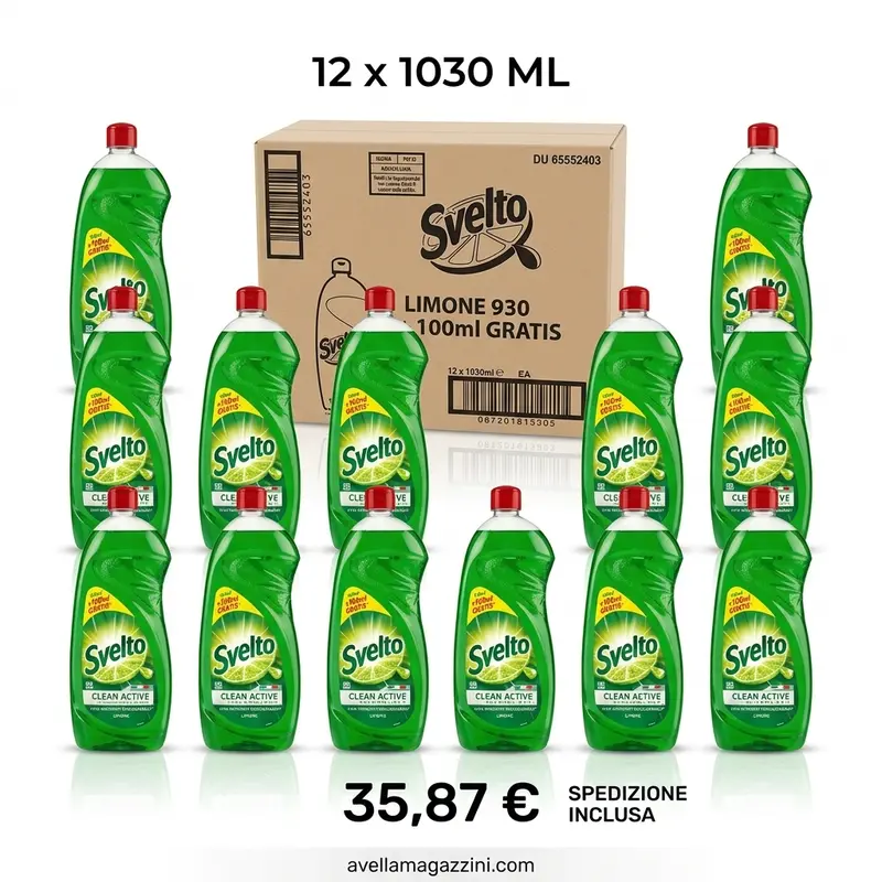 SVELTO Clean Active Detersivo Piatti Concentrato al Limone Box 12x 1030 ml (12,36 L) – Formato Scorta Famiglia e Spedizione Inclusa