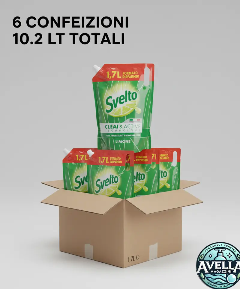 Svelto | Clean & Active Limone Detersivo Piatti Ricarica Pouch – Maxi Scorta BOX 6 Buste ad Alta Efficienza Sgrassante a Freddo (Formato 10,2 Litri Totali)