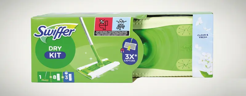 Swiffer Dry Kit Pavimenti Completo | Scopa Ergonomica 360° | 8 Panni Catturapolvere + 3 Panni Umidi | Tecnologia 3X Capture