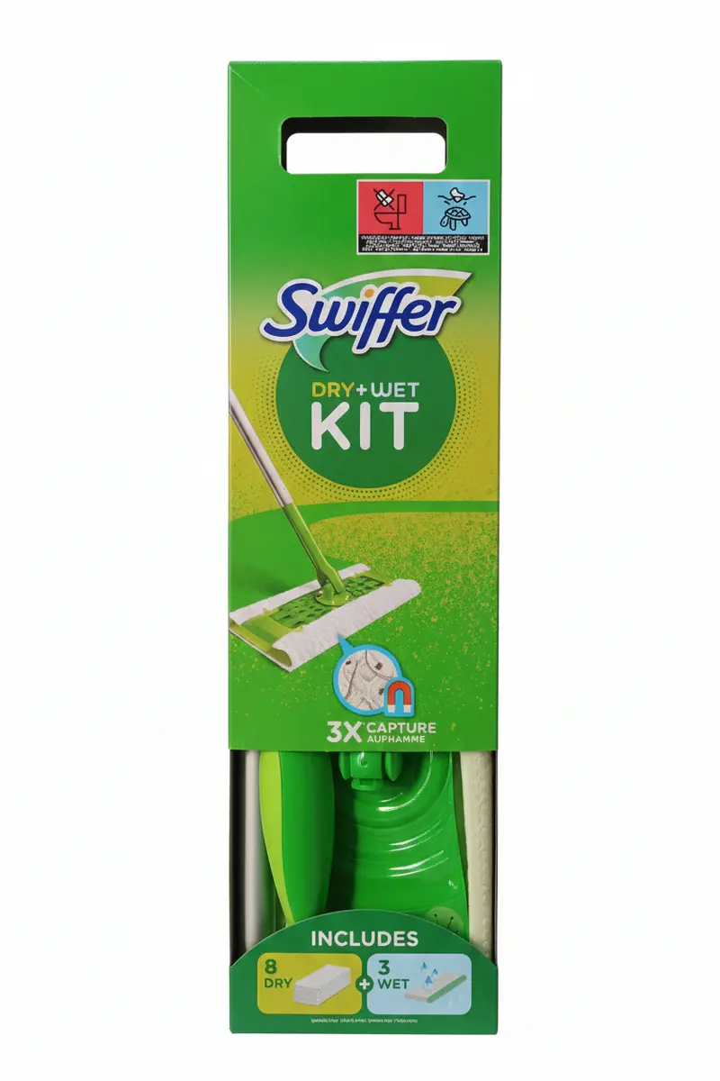 Swiffer Starter Kit Preassemblato | Include Scopa Lavapavimenti + 8 Panni Dry Catturapolvere + 3 Panni Umidi | Sistema Completo Pulizia Secco e Umido | Tutte le Superfici