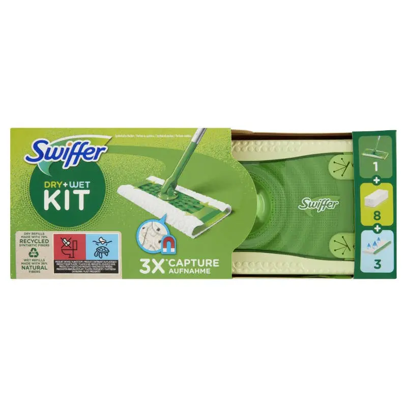 Swiffer Starter Kit+ Scopa Lavapavimenti | 1 Scopa + 8 Panni Asciutti + 3 Panni Umidi | Sistema Catturapolvere e Sgrassante