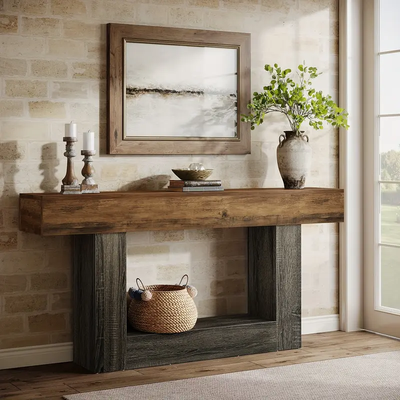 Tavolo Console Rustico 160cm con Doppio Ripiano e Base a U - Legno Massello Effetto Anticato