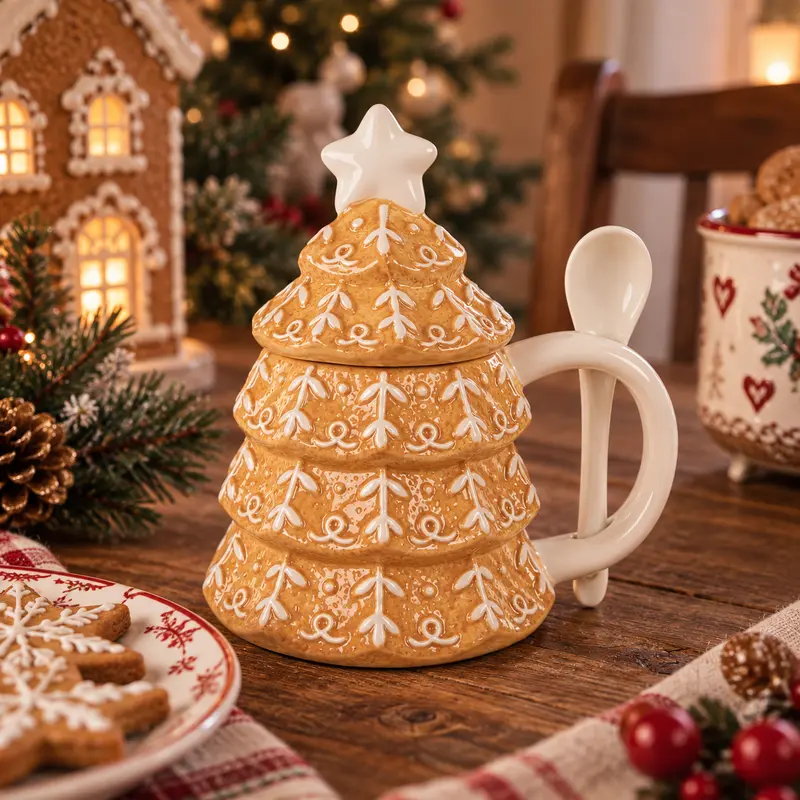 Tazza Albero di Natale con Coperchio e Cucchiaino in Ceramica by Clayre & Eef, 350 ml