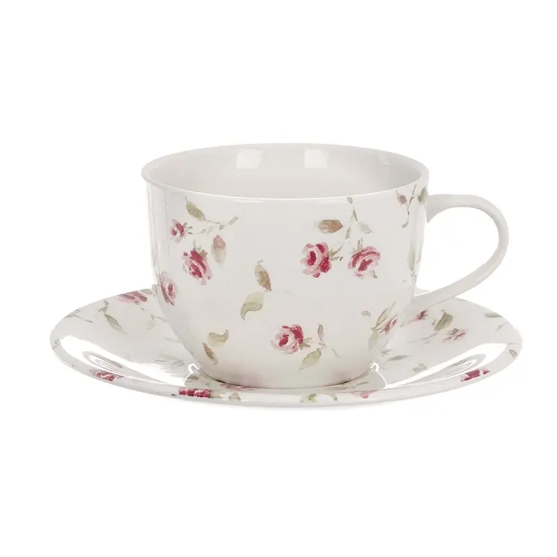 Tazza Jumbo con Piattino in Ceramica a Roselline – Collezione Floret Full by Blanc MariClò, 18x18 cm