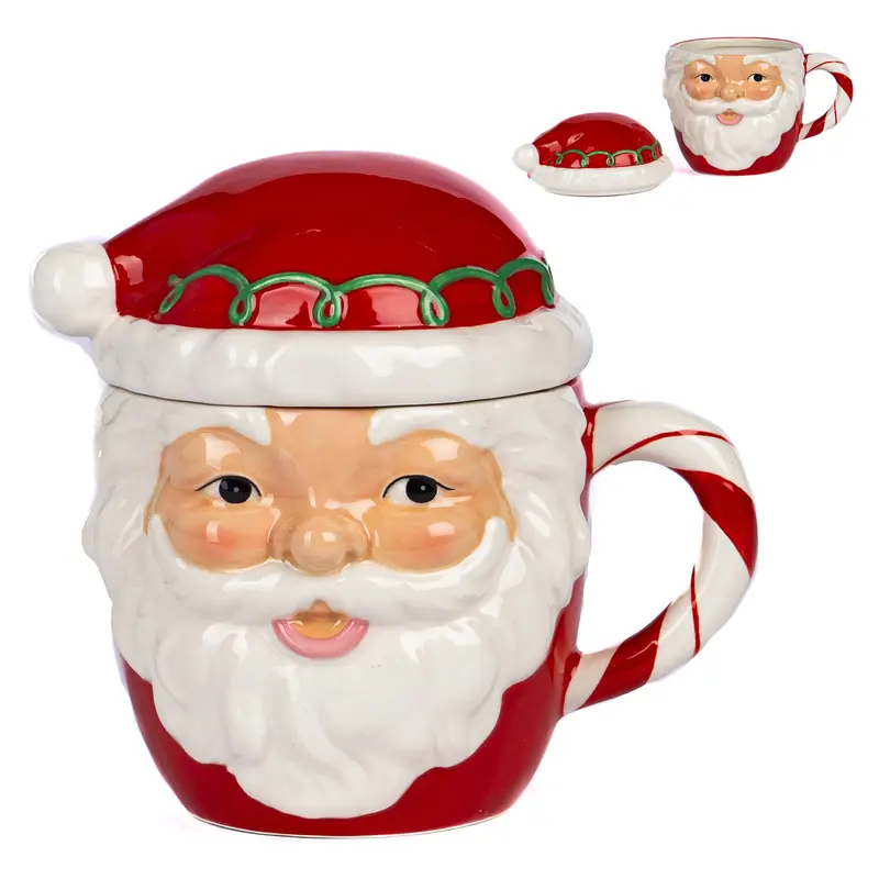 Tazza Natalizia Babbo Natale in Dolomite con Coperchio e Manico Candy Cane – Goodwill, 15cm
