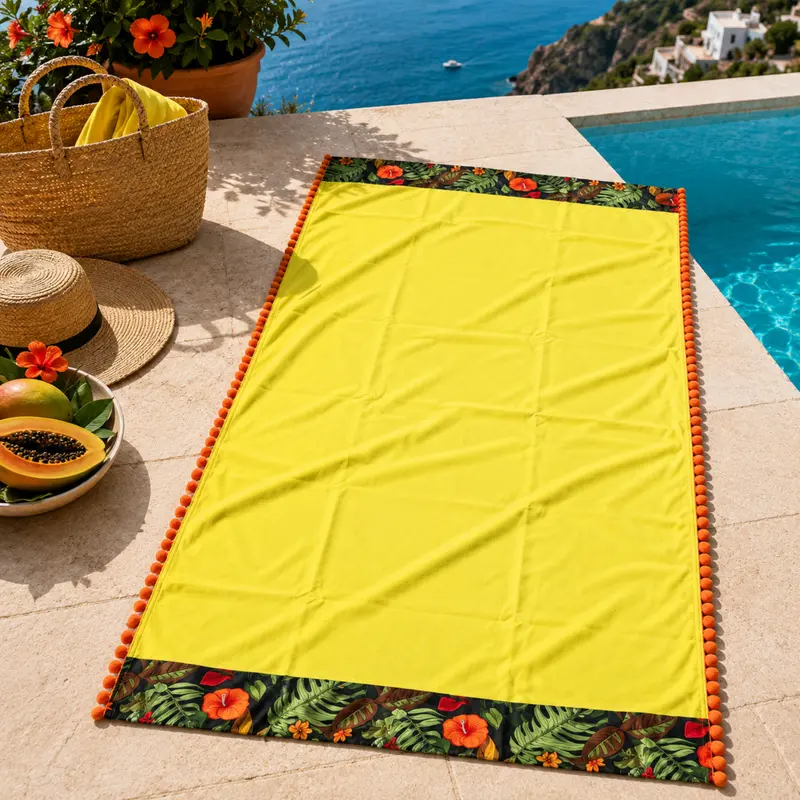 Telo Mare in Microfibra 86x165 cm Fancy Home Erice con Balze Decorative e Pon Pon Laterali – Asciugatura Rapida Mare Piscina