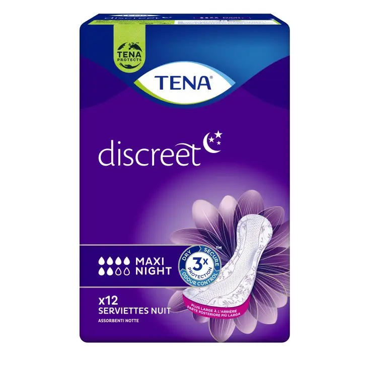 TENA Discreet Maxi Night Protect+ Assorbenti Notturni | Protezione Incontinenza Moderata-Elevata | Parte Posteriore Larga Anti-Perdite | Sistema Odour Control | Confezione da 12 Pezzi