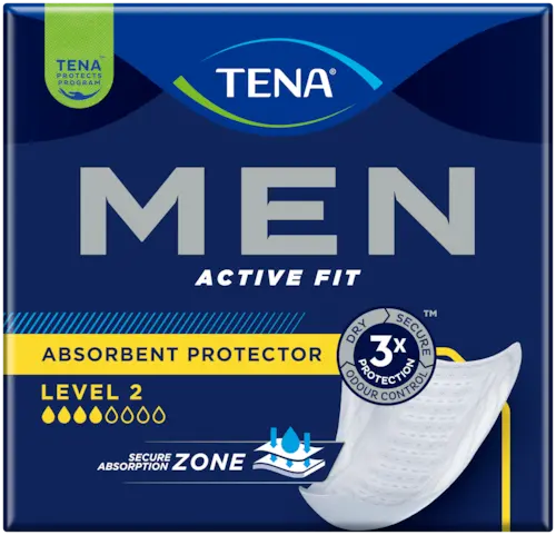 TENA Men Active Fit Livello 2 | 10 Assorbenti Anatomici Maschili | Tripla Protezione e Spessore 4mm | Design a Conchiglia Ultra Discreto