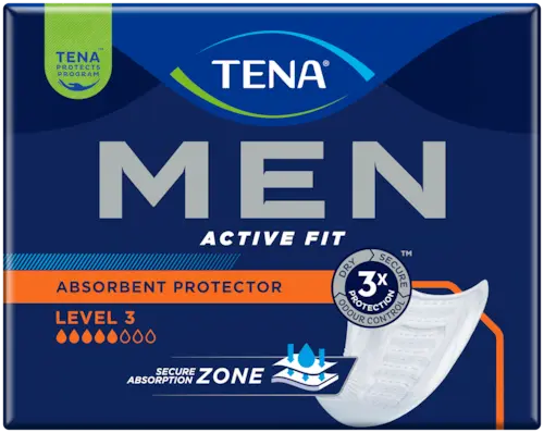 TENA Men Active Fit Livello 3 | 8 Assorbenti Maschili | Assorbenza Super per Perdite Moderate e Pesanti | Doppia Zona Assorbente Giorno e Notte