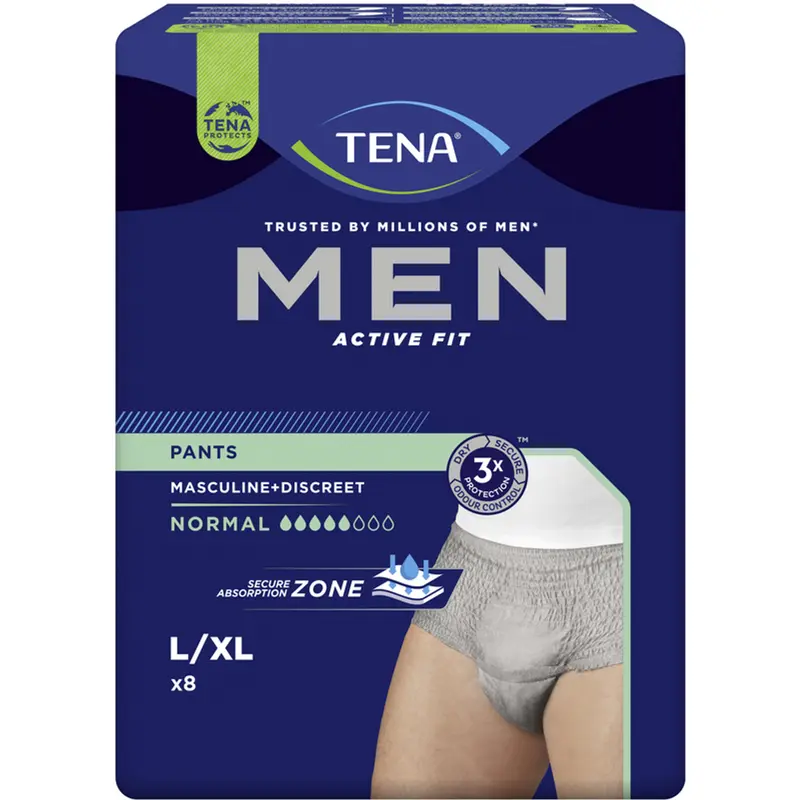 TENA Men Active Fit Pants Normal L/XL 8 Pezzi | Slip Assorbenti Grigio per Uomo | Protezione da Perdite e Odori | Vestibilità Maschile Traspirante Effetto Cotone
