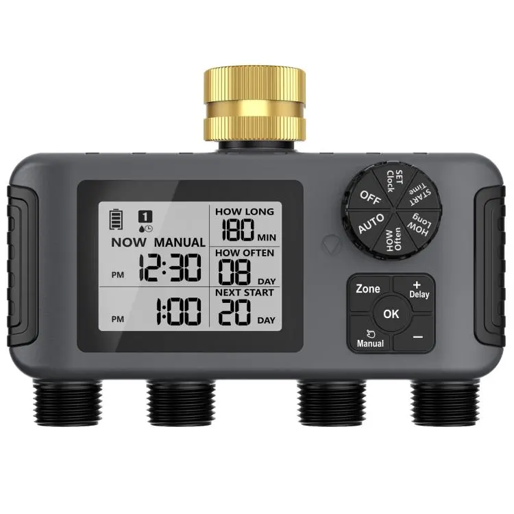 Timer programmabile per tubo da giardino a 4 zone, con 4 uscite, funzione di ritardo pioggia e blocco di sicurezza per bambini., SGW18