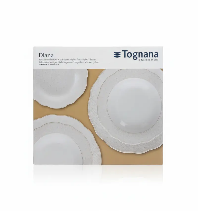 Tognana Servizio Piatti 18 Pezzi Diana | In Pregiata Porcellana con Decoro Geometrico e Bordo Festonato | Bianco e Tortora | Ideale per 6 Persone