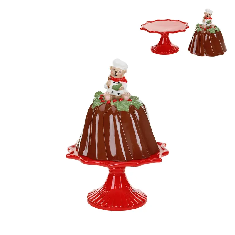 Torta Natalizia Decorativa con Orsetto Chef su Alzata, Portaoggetti Marrone e Rosso – Goodwill, 31cm
