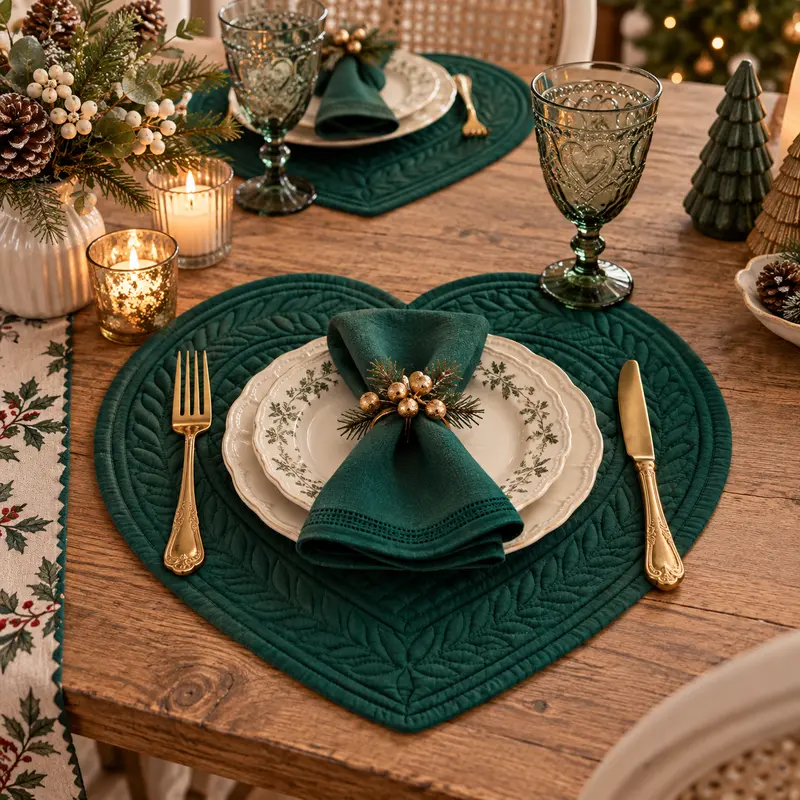 Tovaglietta Americana a Cuore Trapuntata Verde Natale in Cotone – Collezione Carmen by Blanc MariClò, 42x42 cm