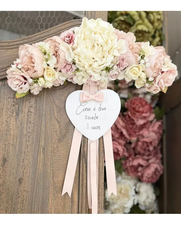 Tralcio con Cuore in Legno, Rose e Peonie – Mata Creazioni, 55 cm