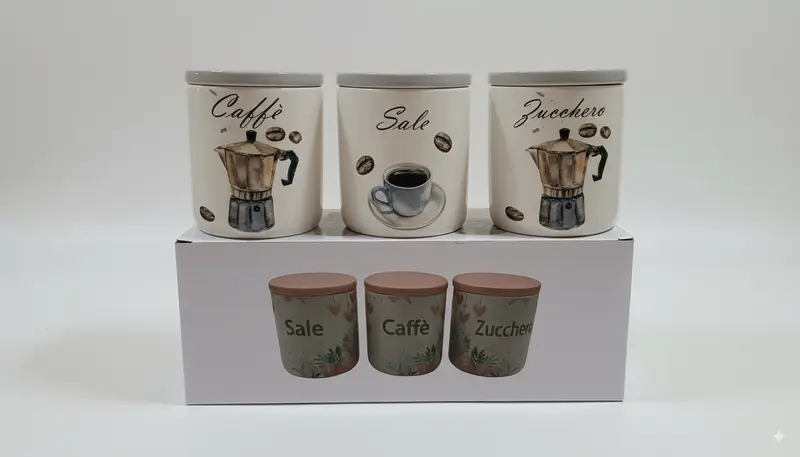 Tris Barattoli in Ceramica Decorati - Contenitori per Zucchero, Sale e Caffè. Moka 10x11,7 cm