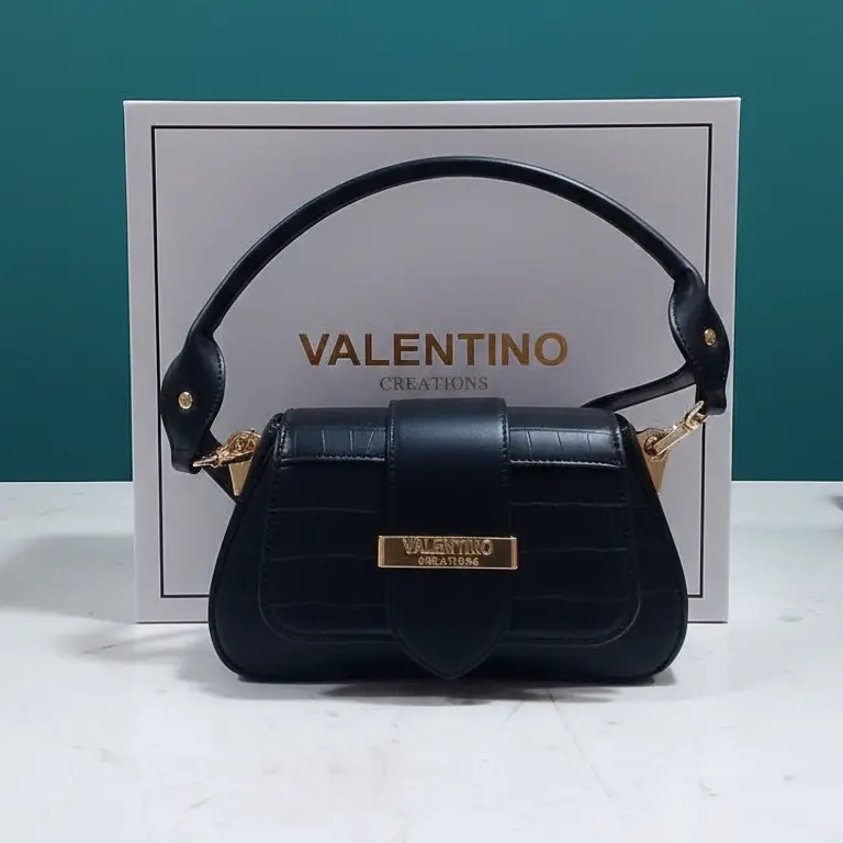 Valentino Creations Mini Bag a Spalla Nera | Pelle Texture Rilievo | Dettagli Dorati 23x15 cm