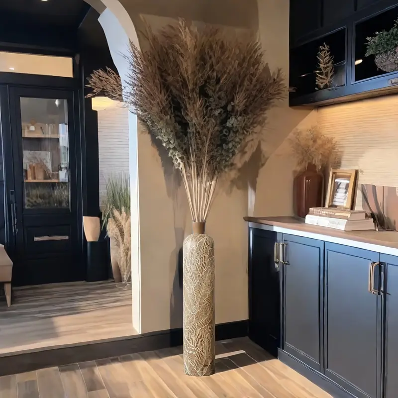 Vaso da Terra L Decorativo 75cm Motivo Foglie - Design Botanico Beige Crema per Pampas Grass - Arredo Soggiorno Ingresso