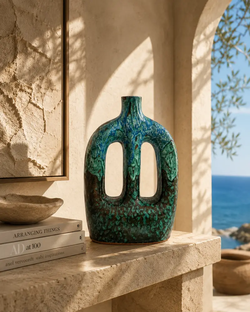 Vaso in ceramica verde doppio manico artigianale – Design moderno
