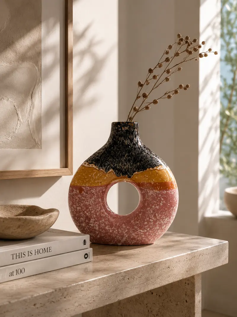 Vaso tricolore in ceramica con apertura centrale
