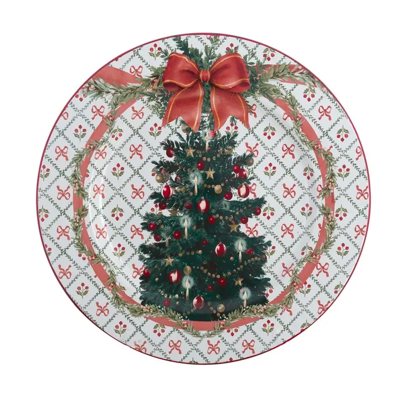 Vassoio Natalizio Rotondo in Latta con Albero e Fiocco – Collezione Favola di Natale by Blanc MariClò, Ø 34 cm