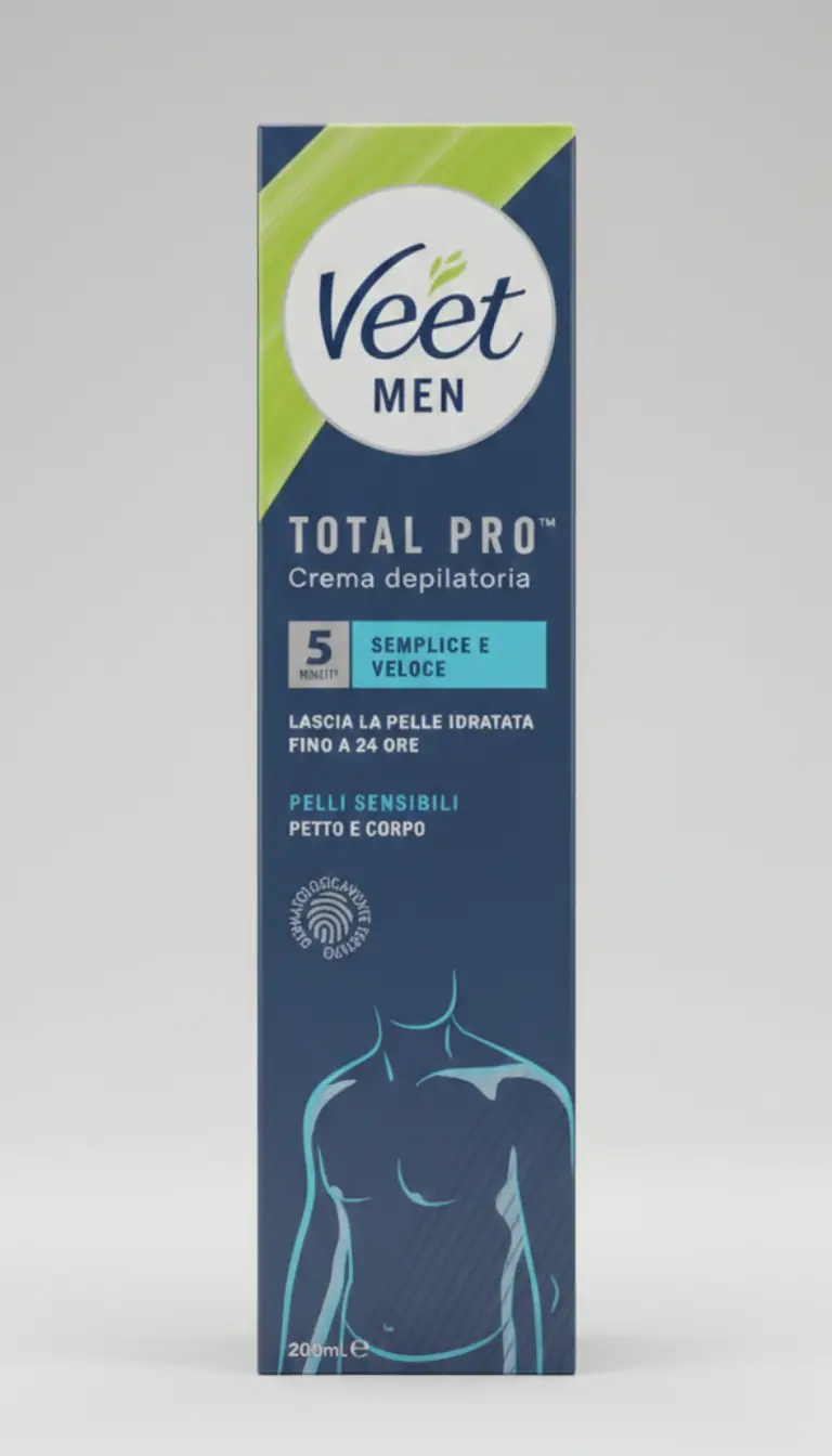 Veet Men Total Pro Crema Depilatoria Uomo 200 ml | Pelli Sensibili | Azione Rapida 5 Minuti | Tecnologia Anti-Odore per Petto e Corpo