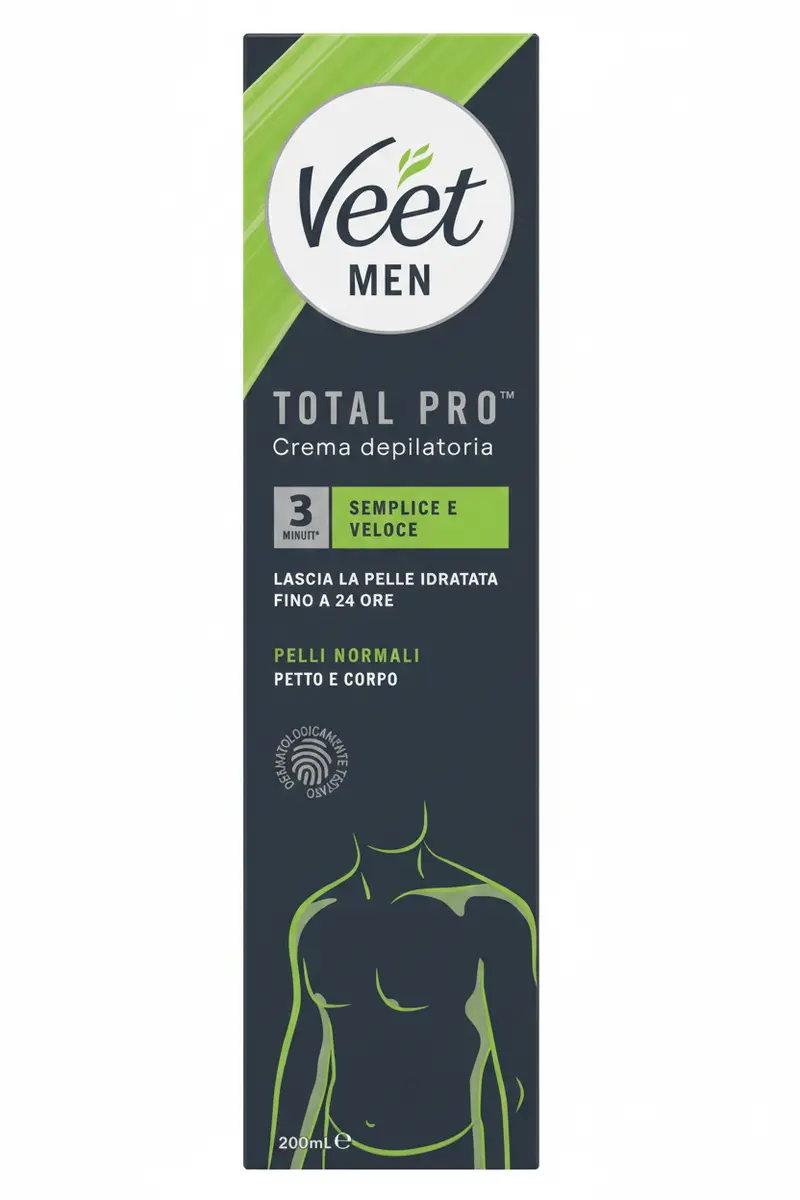 Veet Men Total Pro™ Crema Depilatoria Petto e Corpo 200ml | Pelli Normali | Rapida in 3 Minuti | Idratazione 24 Ore
