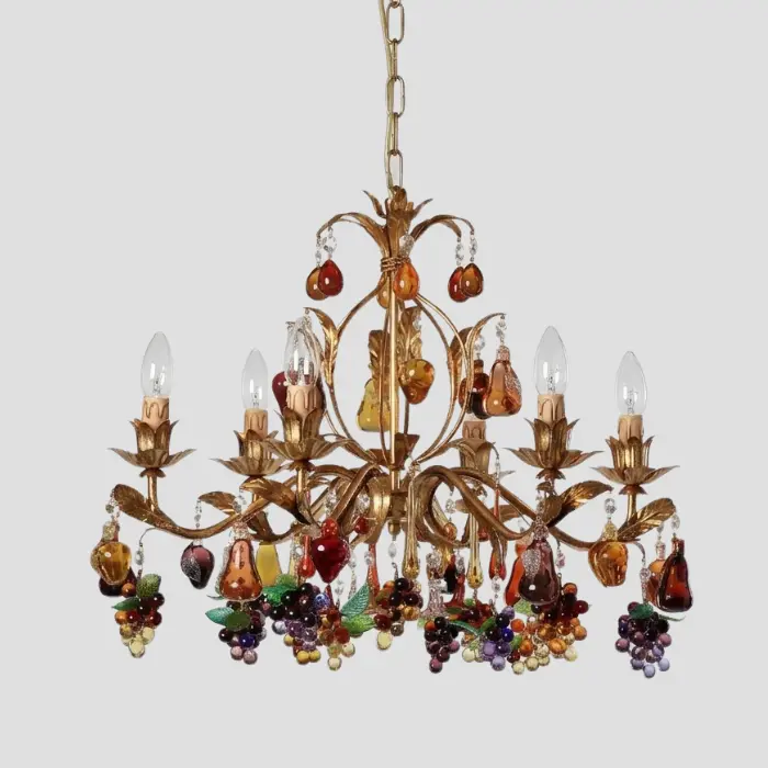 Venetian Vineyard Chandelier - Handcrafted Glass Fruit on Gold Frame