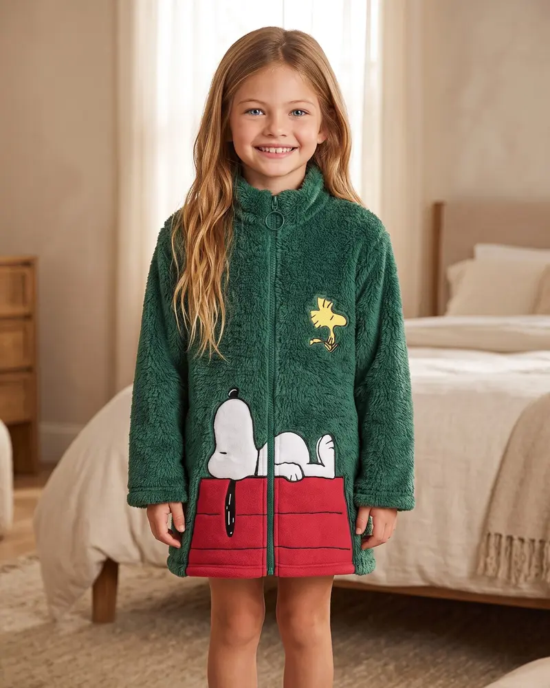 Vestaglia Bambina Peanuts Snoopy Invernale Coral Fleece Verde Art. 67272