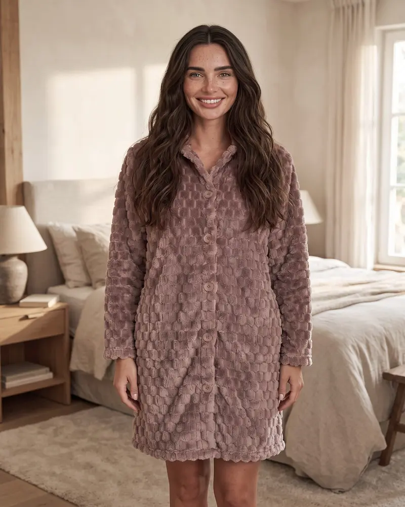 Vestaglia Donna Admas Coral Fleece con Bottoni Moka Champagne Art. 67155