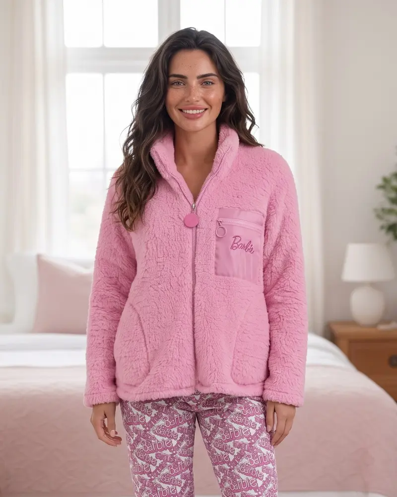 Vestaglia Donna Barbie Invernale Coral Fleece Rosa con Zip Art. 67210