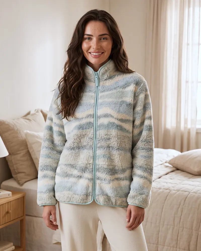 Vestaglia donna invernale Admas Home in pile sherpa con zip e tasche – Acqua Art. 67414