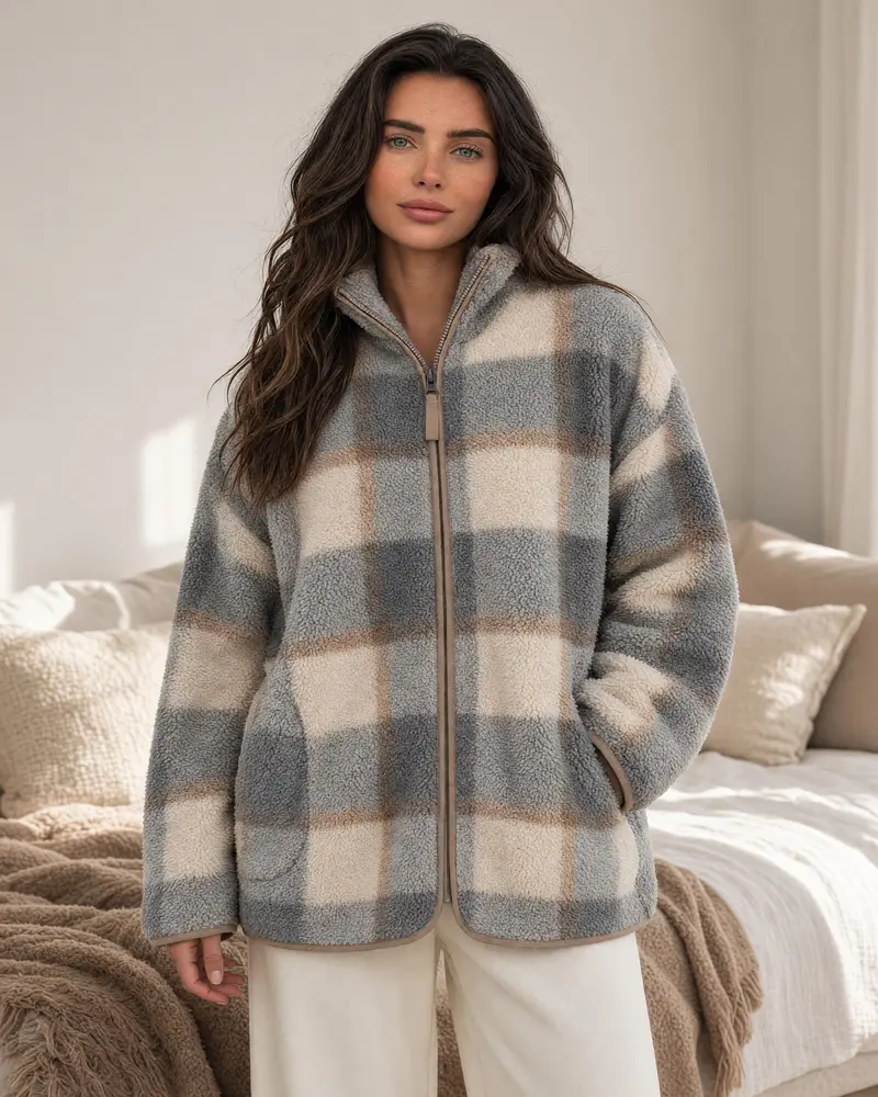 Vestaglia donna invernale Admas in pile effetto sherpa, zip e fantasia a quadri – Art. 67413