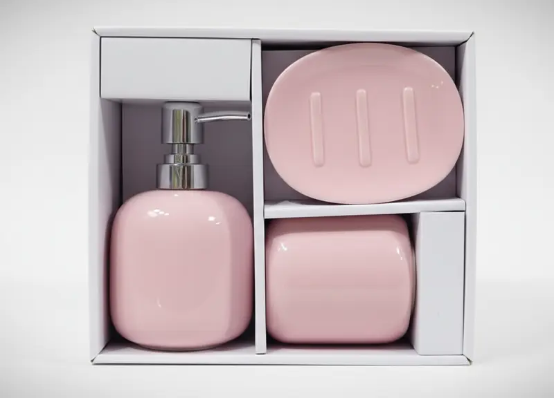 Vesti Casa Set Bagno 3 Pezzi in Ceramica Rosa - Dispenser Sapone Liquido, Porta Saponetta, Bicchiere