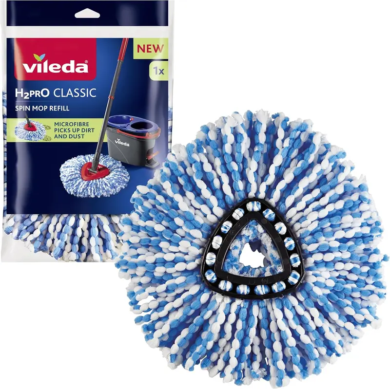 Vileda H2PrO Ricambio Mop Rotante in Microfibra Blue & White | Solo per Sistema Spin Mop H2PrO | Triangolare per Angoli e Battiscopa | Lavabile e Riutilizzabile