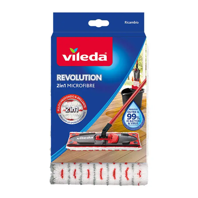 Vileda Revolution 2in1 Panno Ricambio | Microfibra con Fibre Rosse e Bianche | Rimuove 99% Batteri | Senza Aloni | Per Tutti i Pavimenti