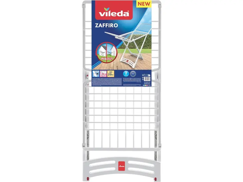 Vileda Zaffiro Stendibiancheria 20m in Resina | 100% Plastica Robusta Anti-Ruggine | Ideale per Esterno e Zone di Mare | Con Ruote e Blocco di Sicurezza | Made in Italy
