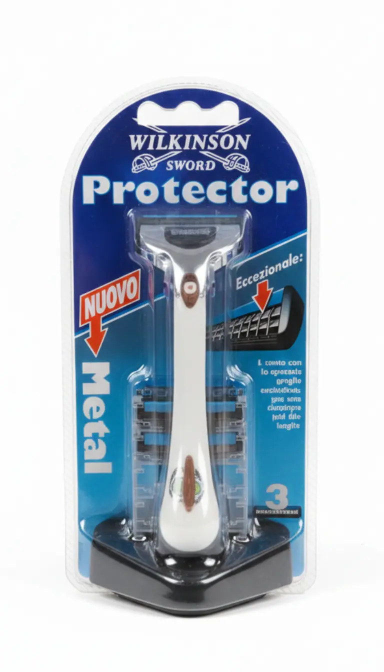 Wilkinson Sword Protector Metal Rasoio Uomo Vintage | Manico in Metallo Bilanciato | Tecnologia Griglie Anti-Taglio | Include 3 Testine | Rasoio Storico Introvabile