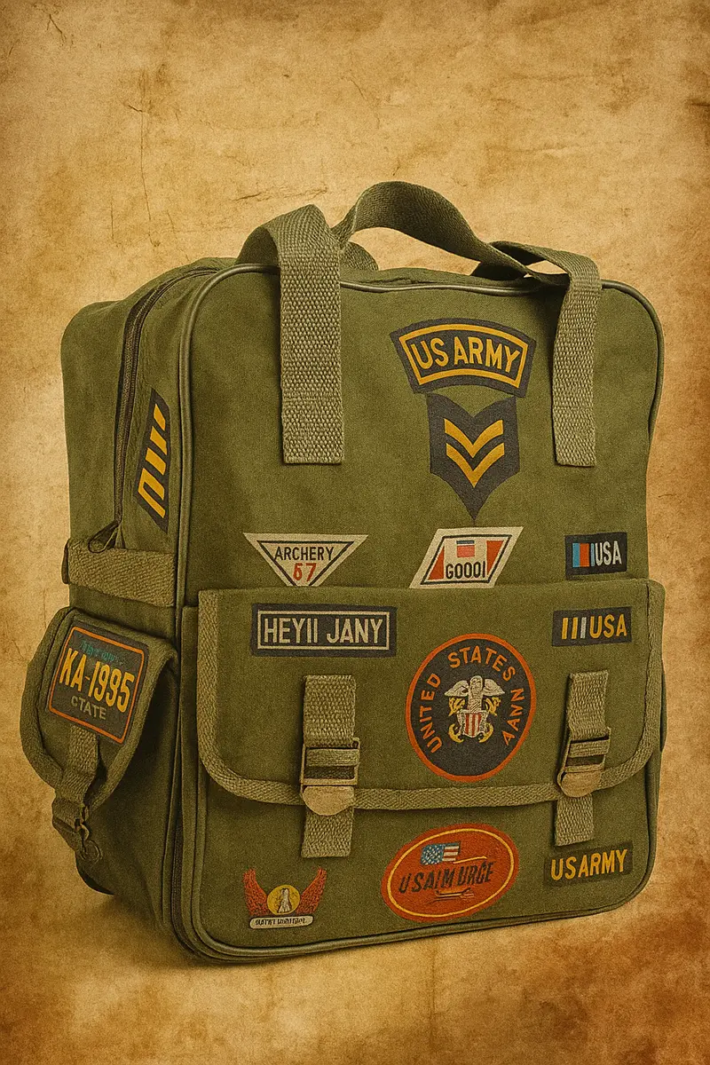 Zaino Scolastico Vintage Anni '80 Design Militare | Originale New Old Stock (NOS) Deposito Avella | Patch US Army/Navy | Pezzo da Collezione Limitato