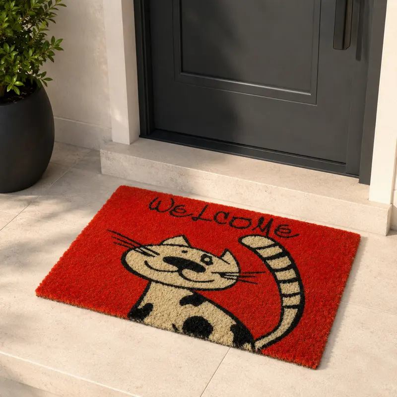 Zerbino con Gatto Coco Cat 40x60 cm in Cocco Naturale Rosso Antiscivolo